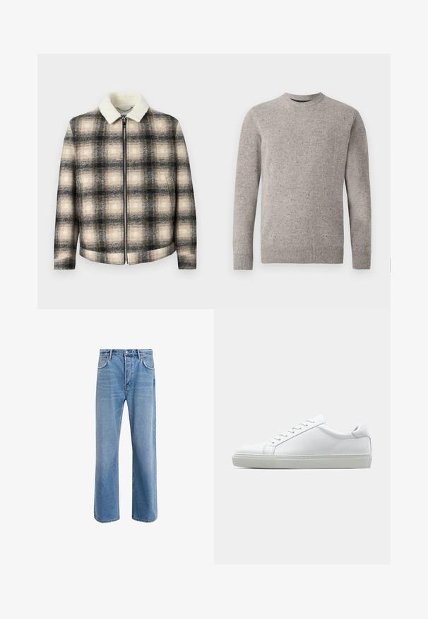 Kostkovaná bunda s černou, béžovou a krémovou barevnou paletou, s zipovým zapínáním a měkkým bílým umělým kožešinovým límcem.; Svetle šedý pletený svetr s kulatým výstřihem, dlouhými rukávy a žebrovanými manžetami a lemem. Texturovaný vzor s barevnými skvrnami.; Světle modré džínové kalhoty s rovnými nohavicemi, pěti kapsami, zapínáním na knoflík, minimálním vyblednutím a kontrastním prošitím.; Bílé tenisky s hladkým koženým svrškem a nízkým profilem. Mají zaoblenou špičku, šest nýtů a texturovanou gumovou podrážku.