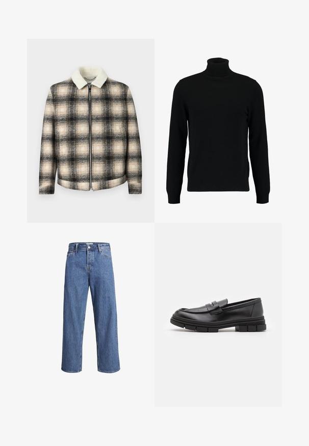 Karirana jakna s črno, bež in kremasto barvno shemo, z zadrgo in mehkimi belimi umetnimi krznom pri ovratniku.; Črn pulover s turtleneck ovratnikom, izdelan iz mehkega pletenega materiala. Ima dolge rokave, rebrast ovratnik in rob. Preprost, eleganten dizajn brez vzorcev.; Svijetloplave traperice s ravnim nogavicama, visokim strukom i minimalnim detaljima šivanja. Tkanina ima mekan, blago izblijedjeli izgled.; Črne usnjene loafersice z gladkim zaključkom, ki imajo sprednji trak in debel gumijast podplat z utori.