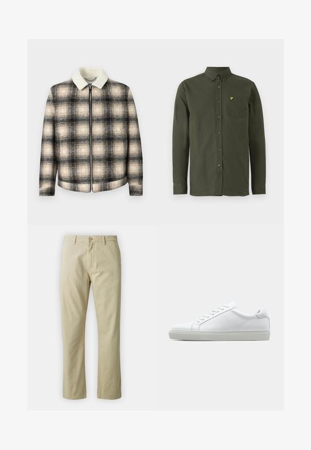 Kratkowana kurtka w czarno-beżowo-kremowej kolorystyce, z zamkiem błyskawicznym i miękkim, białym kołnierzem z sztucznego futra.; Ciemnozielona, długosleeve koszula zapinana na guziki z kołnierzykiem zapinanym na guziki, kieszenią na piersi oraz małym, żółtym haftowanym logo ptaka na kieszeni.; Beżowe bawełniane spodnie o prostym kroju, z zapięciem na guzik z przodu i paskiem. Gładka tekstura, bez widocznych wzorów czy akcentów.; Białe sneakersy z gładką skórzaną cholewką i niskim profilem. Posiadają okrągły nos, sześć dziurek na sznurówki oraz teksturowaną gumową podeszwę.