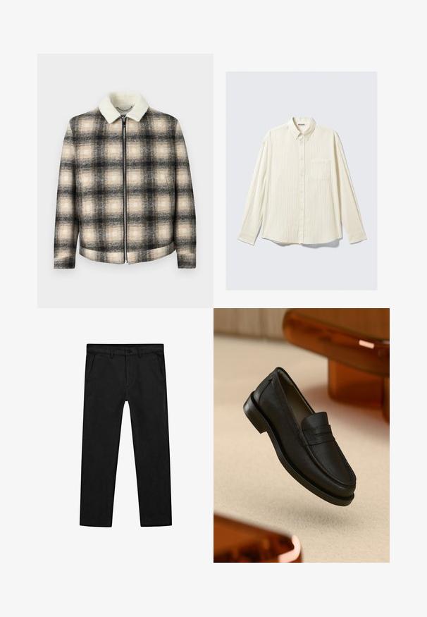 Giacca a quadri con una combinazione di colori nero, beige e crema, dotata di chiusura a zip e di un morbido colletto in pelliccia sintetica bianca.; Camicia bianca strutturata con maniche lunghe, colletto a bottoni e una tasca sul petto. Etichetta del brand "WEEKDAY" visibile all'interno del colletto.; Pantaloni neri in cotone con design a gamba dritta, tasche frontali e chiusura classica con bottone e zip. Texture liscia, vestibilità sartoriale.; Mocassino in pelle nera con finitura testurizzata, caratterizzato da una cucitura a punti e suola in gomma. Posato su una superficie chiara.