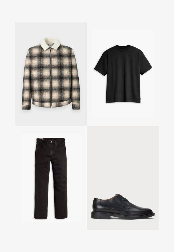 Jachetă în carouri cu o paletă de culori neagră, bej și crem, având un închidere cu fermoar și un guler moale din blană artificială albă.; Tricou din bumbac negru, cu guler rotund și mâneci scurte. Are un logo subtil în față și o linie de tiv dreaptă. Design simplu și minimalist.; Jeans din denim negri cu picior drept, cu cinci buzunare, închidere cu nasture și bucle pentru curea, așezați plat pe un fundal alb.; Pantofle din piele neagră cu vârful rotund, design cu șireturi și toc jos stratificat. Textură netedă cu detalii de cusătură minime.