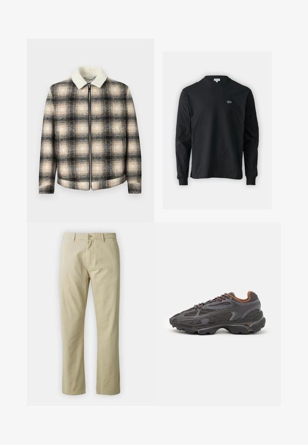 Karirana jakna s črno, bež in kremasto barvno shemo, z zadrgo in mehkimi belimi umetnimi krznom pri ovratniku.; Črna dolgi rokavi majica iz bombaža, z okroglim ovratnikom in majhnim zelenim vezenim logotipom krokodila na levem prsnem delu.; Bež bombažne hlače s ravnim krojem, sprednjim gumbom in zankami za pas. Gladka tekstura, brez vidnih vzorcev ali akcentov.; Lacoste teniske v temno sivi barvi z mrežasto in sintetično prevleko, s teksturiranim podplatom in rjavimi detajli na ovratniku ter blagovni znamki.