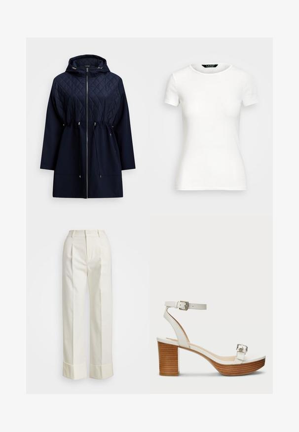 Tamsiai mėlynas, siuvinėtas su kapučonu pūkinis švarkas su raišteliu juosmenyje, užtrauktuku priekyje ir ilgomis rankovėmis. Pasižymi lygiu audiniu ir deimanto raštu viršuje.; Baltos medvilnės marškinėliai trumpomis rankovėmis, apvaliu kaklu, prigludusio dizaino ir lygios tekstūros. Logo etiketė prie kaklo.; Baltos pritaikytos kelnės su aukštu liemeniu, dvigubomis priekinėmis raukšlėmis ir plačiomis kojomis su sulenktais kraštais. Pagamintos iš glotnaus, tekstūruoto audinio.; Balti odinė basutė su kulkšnies dirželiu ir sidabriniu užsegimu. Yra medinis bloko kulnas ir lygus padas.