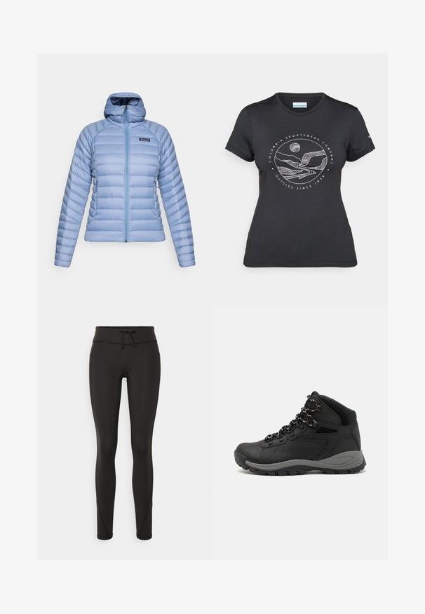 Lys blå quiltet hettejakke med frontglidelås og Patagonia-logo på venstre bryst, vist mot en hvit bakgrunn.; Svart Columbia t-skjorte med hvit sirkulær fjell- og elvlinjekunst og tekst "Columbia Sportswear Company Outside Since 1938."; Svarte leggings med høy midje, snøring, glatt tekstur og tettsittende design. Har søm detaljer langs sidene.; Sorte turstøvler med mid-topp design, som har en teksturert overdel, grå detaljer og slitesterk gummisåle med godt grep.