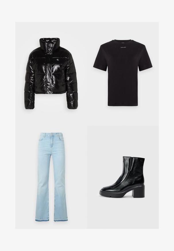 Svart puffjakke laget av skinnende, reflekterende materiale. Har høy krage, kort design og to frontlommer med logo-detall.; Svart bomull T-skjorte med korte ermer, rund hals og liten hvit "Calvin Klein" logo på brystet. Glatt tekstur, klassisk passform.; Lyseblå flagrende jeans laget av denim, med høy midje, frontlommer og rå kant ved mansjettene for et uformelt utseende.; Sorte lakkskinn ankelstøvler med buet tå, elastiske sidestykker og en chunky klossheel. Har preget logo på baksiden.
