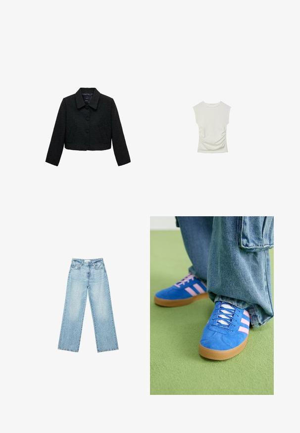 Czarna krótka kurtka z teksturowanej tkaniny, z kołnierzem, zapięciem na guziki i dwiema przednimi kieszeniami. Prosty design i wyraźnie zarysowany kształt.; Biała dopasowana bluzka wykonana z prążkowanej tkaniny, z krótkimi rękawami i marszczonymi detalami po bokach, które nadają fakturę i kształt.; Jasnoniebieskie jeansy z szerokimi nogawkami i wysokim stanem, z lekko wybledzonym wykończeniem i drobnymi, rozproszonymi przetarciami.; Niebieskie zamszowe buty z różowymi paskami i białymi sznurowadłami, z gumową podeszwą, zestawione z luźnymi dżinsami na zielonej powierzchni.