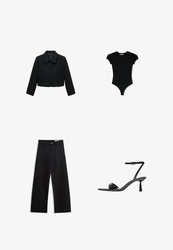 Jachetă neagră scurtă dintr-un material texturat, cu guler, închidere cu nasturi și două buzunare frontale. Design simplu și formă structurată.; Body negru cu maneci scurte, guler rotund și decupaje înalte pe picioare, fabricat dintr-un material neted și elastic.; Pantaloni din denim negri cu picioare largi, cu talie înaltă, având buzunare frontale și posterioare, cusături dublate și închidere cu nasture. Textură netedă.; Bershka Sandale cu toc - black