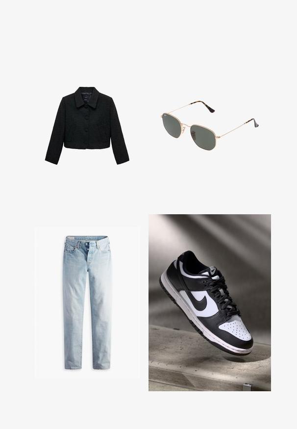 Sort cropped jakke med struktureret stof, med krave, knaplukning foran og to forlommer. Enkel design og struktureret form.; Hvid t-shirt med korte ærmer lavet af blødt bomuld, med rund halsudskæring og raglan ærmer, der har et afslappet, lige snit uden mønstre.; Lys blå denimjeans med lige pasform, to frontlommer og to baglommer. Inkluderer to-knaps lynlås og subtil syning.; Sorthvid Nike Dunk Low sneakers med læderoverdel, perforeret tåboks og sorte snørebånd, udstyret med en hvid sål og logo accenter.; Guldmetallisk brille med mørkegrønne linser, aviator-stil, med slanke arme og skildpadde-mønstrede detaljer på spidserne.