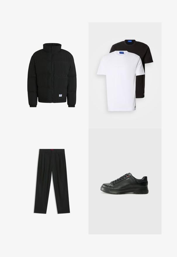 Sort puffervest med høj krave, lynlås foran og to forlommer. Har sammensnørede manchetter og en diskret tekstur. Brandlogo på lommen.; To T-shirts stablet: en hvid og en sort. Korte ærmer, runde halsudskæringer, stof af bomuld. Har et lille blåt logo ved halsudskæringen.; Sorte bukser med plisseret design, bred benform og en glat tekstur. Har et rødt taljetag.; Sorte lædersneakers med tekstureret overdel, polstret krave og rødt logo-detajle. Har en tyk gummisål med tydeligt mønster.