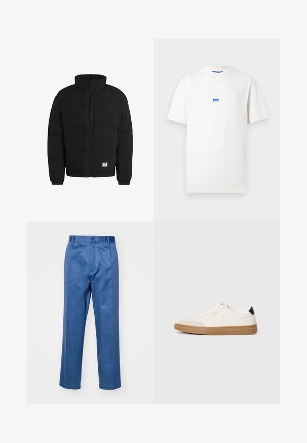 Must on must puffer jakk, millel on kõrge krae, lukuga ees ja kaks eesmist taskut. Omab kogutud varrukeid ja peent tekstuuri. Brändi logo taskul.; Valge lühikeste varrukatega T-särk, mille keskel on sinine väikese ristkülikukujuline logo, millel on kiri "HUGO", ükslainer taust.; Sinised püksid siledast kangast, sirge säärega disainiga, nööbiga kinnitamise ja peente õmbluste detailidega.; Valged tennisekad beežide aktsentidega, siledast nahast pealagi, ümar varvas ja kummist kummine tallaosa, musta kannatugedega ning peene brändimisega.