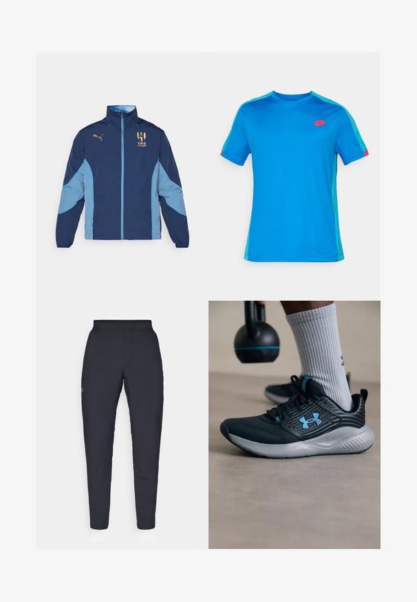 Navy and light blue polyester jacket with a zip closure, standing collar, logo accents, and a color-blocked design on sleeves.; Blue short-sleeve sports t-shirt with light teal side panels and shoulder stripes, featuring a small red logo on the left chest.; Black athletic pants with a smooth texture, slim fit, elastic waistband, and side pockets. Features a small logo on the left thigh.; Black athletic shoe with blue accents, textured upper, and gray sole. Worn with gray ribbed socks, beside a black kettlebell.