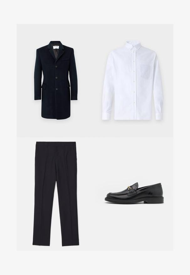 Palton din lână bleumarin cu croială ajustată, design cu un singur rând de nasturi, rever cu crestătură și trei nasturi. Prezintă două buzunare laterale și un buzunar pe piept.; Cămașă albă cu mânecă lungă, din bumbac, prevăzută cu un buzunar pe piept cu broderie tonală, guler și manșete cu buton.; Pantaloni negri tailor-made dintr-un material neted, dotati cu două buzunare laterale, un design cu picior drept și fără modele sau accente vizibile.; Loaferi din piele neagră cu vârf rotunjit, dotati cu accente aurii și detalii de cusătură, așezați pe o talpă joasă din cauciuc texturat.