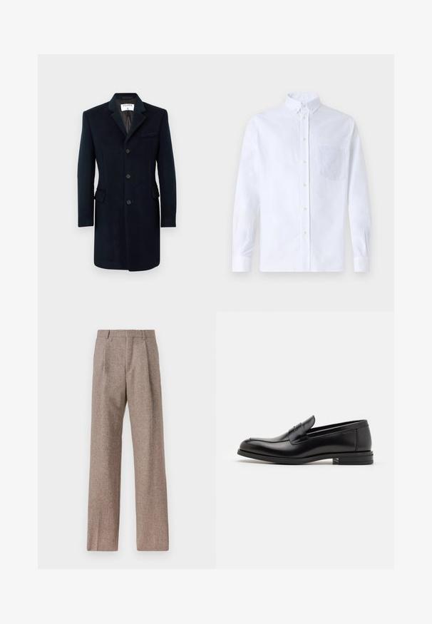 Marineblauwe wollen jas met een getailleerde pasvorm, enkelgeknoopt ontwerp, met gesneden revers en drie knopen. Beschikt over twee zijzakken en een borstzak.; Witte lange mouwen overhemd van katoen, met een borstzak met tonale borduring, een kraag en knopenmanchetten.; Bruine, hooggewaisted broeken van een gestructureerde stof. Heeft wijde benen en twee voorplooien voor extra structuur. Net afgewerkt zonder zichtbare hardware.; Zwarte leren instappers met een gladde textuur, ronde neus en een decoratieve band over de wreef. Lage, gestapelde hak en minimalistisch ontwerp.