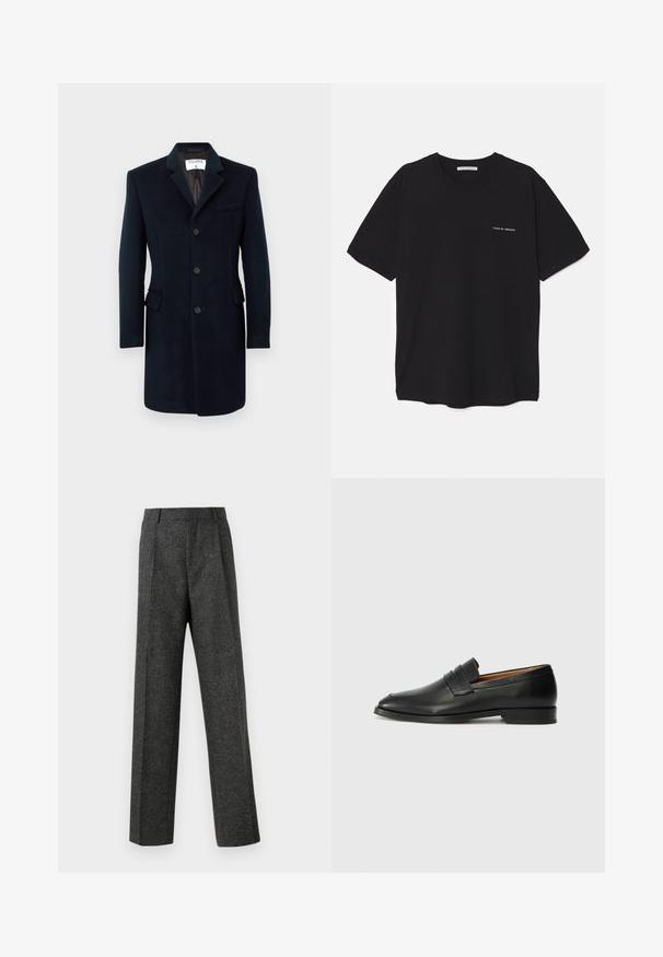 Mornarica vuna kaput s krojem prilagođenim tijelu, jednostruko kopčanje, reveri s nazubljenim rubom i tri gumba. Ima dva bočna džepa i džep na prsima.; Crna pamučna majica s okruglim izrezom, kratkim rukavima i bijelim logotipom otisnutim na lijevoj strani prsnog koša. Jednostavan dizajn u jednoj boji.; Sive prilagođene hlače od teksturiranog materijala, s dva prednja nabora i ravnim krojem. Nema vidljivih džepova ili ukrasa.; Crni kožni loafer s okruglim vrhom, suptilnim šavovima i niskim petama, s glatkom teksturom i minimalističkim dizajnom.