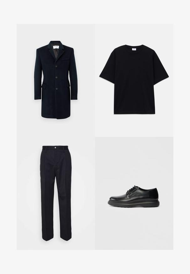 Tumesinine villane mantel, millel on kohandatud lõige, ühekordne kinnitamine, nurga lõikega krae ja kolm nööpi. Omab kahte küljetaskut ja ühte rinna-taskut.; Must t-särk, lühikeste varrukatega, üle mõõdu, ümmarguse kaelusega ja nähtava Filippa K brändi sildiga kaelas.; Mustad kohandatud püksid, sirge jala lõikega, valmistatud siledast kangast, esise nupuga kinnituse ja kahe külgtaskuga.; Mustmust lakkprintsaapad, millel on paks tald ja küljele on reljeefselt pressitud "WATERMAN", esitatud profiilis helesinise tausta ees.