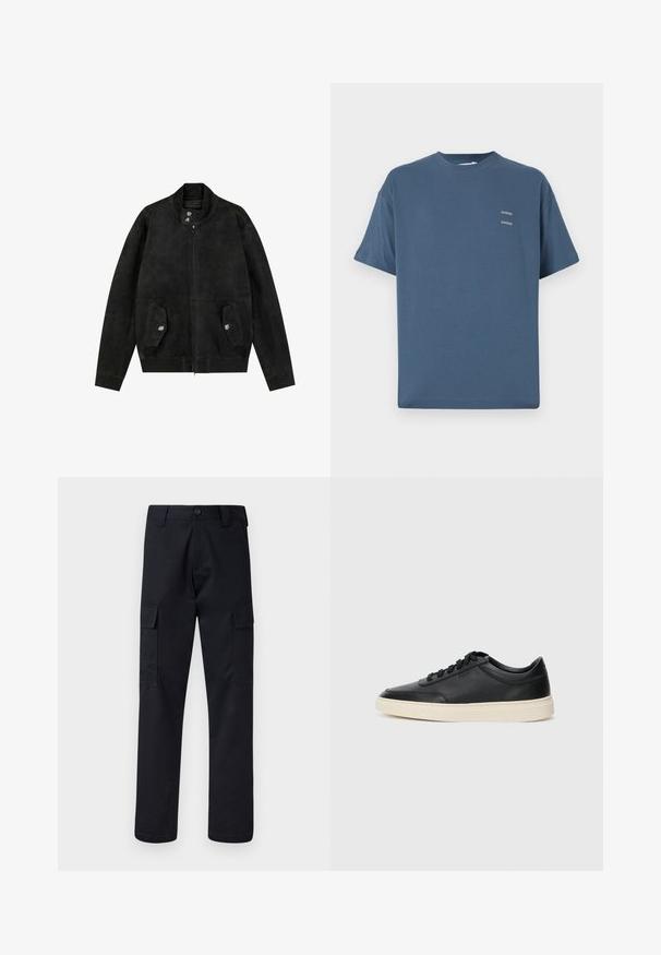 Veste bomber en daim noir avec col haut, fermeture éclair sur le devant, deux poches à rabat boutonnées et manches longues sur fond blanc.; T-shirt en coton bleu avec col rond classique, manches courtes, coupe décontractée et deux petits logos imprimés sur la poitrine. Texture lisse.; Pantalons cargo noirs en tissu résistant, avec une coupe droite, deux poches latérales et une fermeture à bouton à la taille.; Baskets en cuir noires à tiges basses avec lacets noirs et semelle ivoire, présentées en profil latéral sur fond blanc.