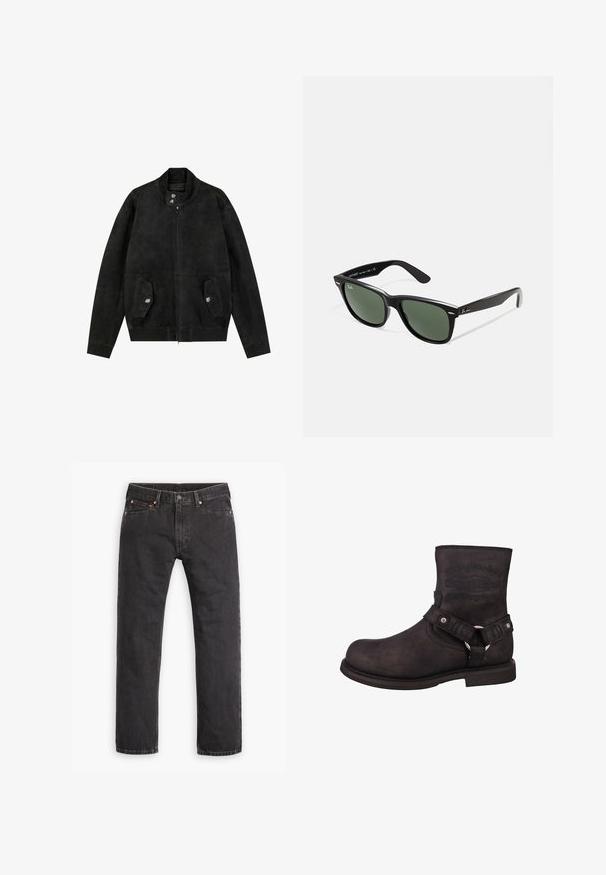 Zwarte suède bomberjack met hoge kraag, frontale rits, twee knoopflappen zakken en lange mouwen tegen een witte achtergrond.; Lange mouwen, geribbelde top in donkergroen, met een ronde halslijn en rechte zoom. Gemaakt van zachte stof, met minimale naden en geen zichtbare patronen.; Zwarte denim jeans met rechte pijpen, vijf zakken, knoopsluiting en koperen klinknagels, plat gelegd op een witte achtergrond.; Zwarte leren motorlaars met een ronde neus, enkelhoogte en zichtbare branding. Voorzien van een riem met een metalen ring en accenten van zilverkleurig hardware.; Zwarte plastic zonnebril met groene lenzen, vierkante montuur, zilveren accent op de wenkbrauw en een gestructureerde tempel. Merken vermeld op de binnenkant van de arm.