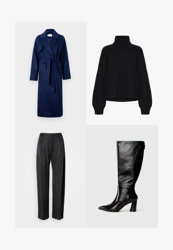 Marinblå, långärmad rock med bred krage, bälte i midjan, två framfickor och ett mjukt, texturerat tyg.; Svart polotröja med kort design, tillverkad av fluffigt material. Har vida ärmar och en ribbad textur vid kragen.; Svarta vida byxor i slät tyg, med frontveck, dragkedja framtill och klassisk midjedetalj.; Knä-höga svarta läderstövlar med spetsig tå, slät yta och kraftig klack. Har en dragkedjedetalj på baksidan.