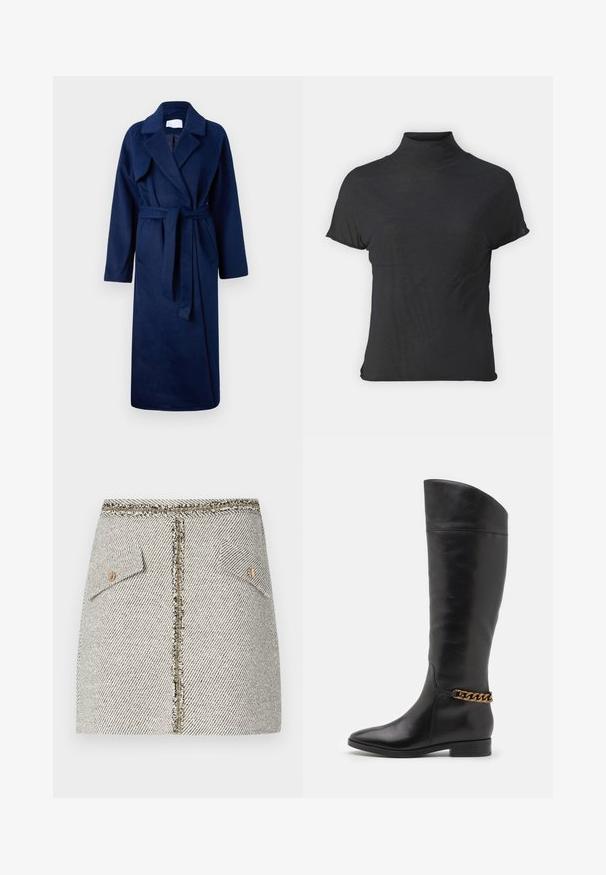 Zilā jūras, garām piedurknēm halāts ar plašu apkakli, jostotu vidukli, divām priekšējām kabatām un mīkstu, teksturētu audumu.; Melna īsa piedurkņu turtlenecka blūze, izgatavota no viegla auduma ar gludu tekstūru un pieguļošu formu, ar augstu kakla izgriezumu.; Auduma tīka svārki ar baltu un melnu ķīļveida rakstu, satur divas priekšējās kabatas un zelta krāsas rāvējslēdzēju aizmugurē ar saplēstiem malām.; Augstas melnas ādas zābaki ar plūstošu dizainu, pointētām purngalēm un zelta ķēdes akcentu ap potīti. Zems bloku papēdis. Gluda tekstūra.