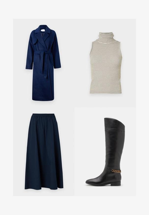 Tengerészkék, hosszú ujjú köpeny széles gallérral, övvel a derékon, két elülső zsebbel és puha, texturált anyagból.; Ujjatlan garbó felső, függőleges fekete és fehér csíkokkal, texturált kötött anyagból készült, magas, szoros gallérral.; Tengerészkék, teljes hosszúságú szoknya texturált anyagból, rugalmas derékrésszel és finom függőleges csíkozással.; Magas fekete bőrcsizma áramvonalas dizájnnal, hegyes orral és arany lánc díszítéssel a bokán. Alacsony, tömbsarkú. Sima felület.