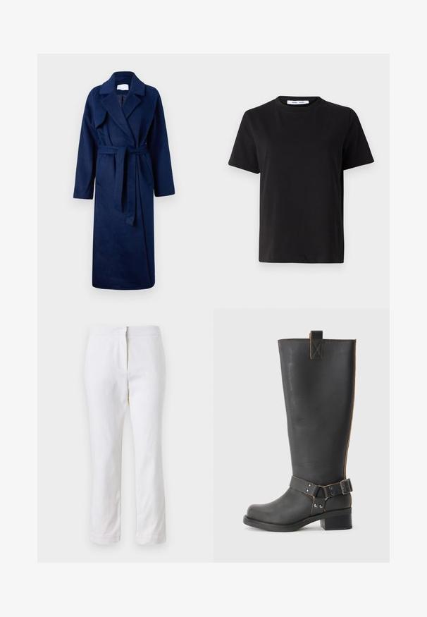 Námornícky modrý, dlhý župan s širokým golierom, opaskom v páse, dvoma prednými vreckami a mäkkou, textúrovanou látkou.; Čierne tričko s krátkym rukávom vyrobené z mäkkej bavlny, s okrúhlym výstrihom, uvoľneným strihom a hladkou štruktúrou. Žiadne viditeľné vzory ani grafika.; Biele bavlnené nohavice so striedmym strihom, s pásom strednej výšky a bez viditeľných kovových prvkov alebo vzorov. Hladká textúra po celom obvode.; Čierna kožená čižma po kolená s textúrovaným povrchom, obsahujúca postranný akcent s prackou a nízkym opätkom. Podrobné prešitie pozdĺž švov.