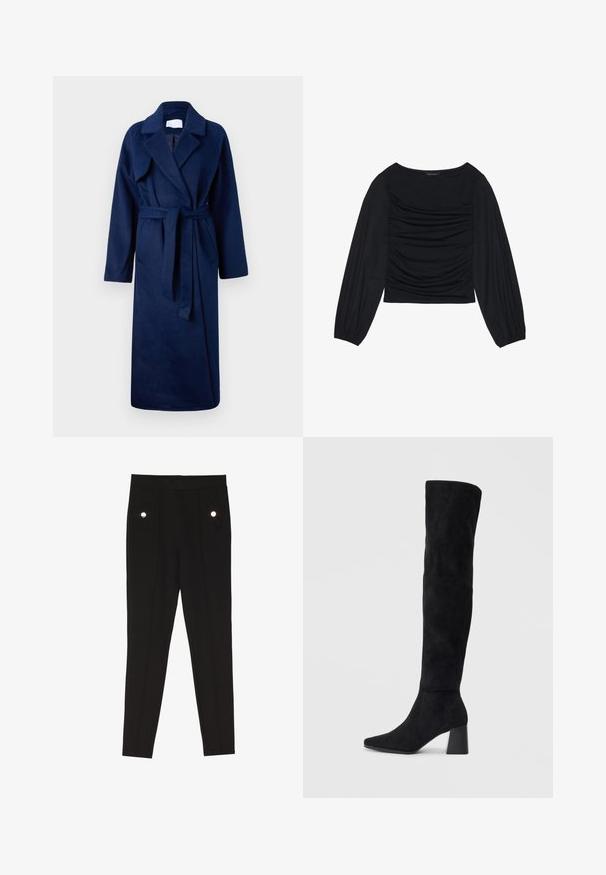 Accappatoio lungo blu navy con maniche lunghe, ampio colletto, vita con cintura, due tasche frontali e un tessuto morbido e texturizzato.; Top nero a maniche lunghe con dettaglio di tessuto arricciato sul davanti e ai polsi, realizzato in materiale morbido ed elasticizzato con scollatura a barca.; Pantaloni neri su misura con una texture liscia, dotati di due tasche frontali con accenti di hardware decorativo e un design slim-fit.; Stivale in suede nero alto fino al ginocchio con tacco a blocco, punta affusolata e design liscio e senza cuciture su uno sfondo chiaro e semplice.