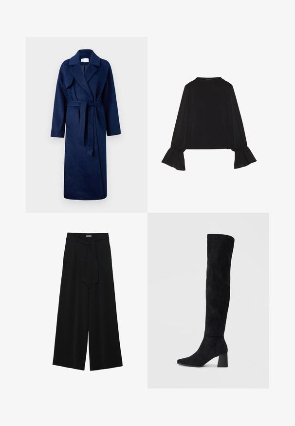 Tengerészkék, hosszú ujjú köpeny széles gallérral, övvel a derékon, két elülső zsebbel és puha, texturált anyagból.; Fekete, hosszú ujjú felső, harang alakú mandzsettákkal, puha textúrával és laza szabással, egyszerű, kerek nyakkivágással.; Fekete, bő szárú nadrág, texturált anyagból, rugalmas derékpánttal és levehető sállal a derekán, amely állítható illeszkedést biztosít.; Fekete nubuk térd fölé érő csizma, tömbsarokkal, hegyes orral és sima, varrat nélküli dizájnnal, világos háttérrel.