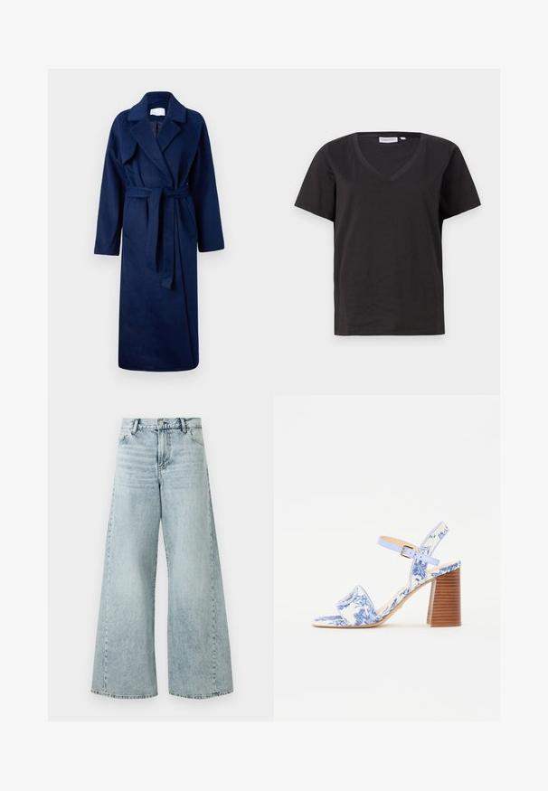 Námornícky modrý, dlhý župan s širokým golierom, opaskom v páse, dvoma prednými vreckami a mäkkou, textúrovanou látkou.; Čierne bavlnené tričko s výstrihom do V a krátkymi rukávmi. Jednoduchý dizajn s bežným strihom a bez vzorov alebo akcentov.; Svetlo modré široké džínsy s vysokým pásom, s gombíkovým zapínaním, piatimi vreckami a rozstrapkanými detailmi na leme.; Modré sandále s kvetinovým vzorom, so štvorcovou špičkou, širokým popruhom a nastaviteľným členkovým popruhom, s textúrovaným dreveným blokovým podpätkom.
