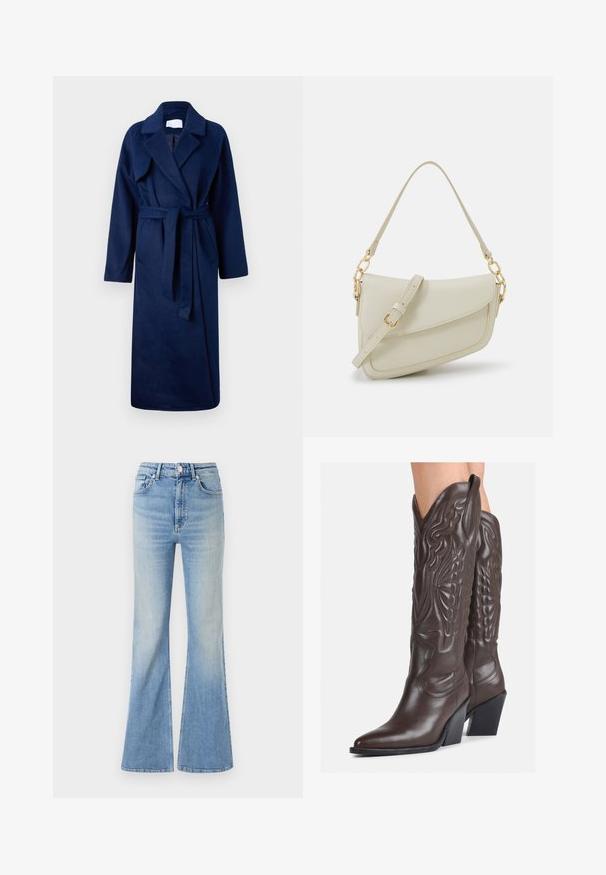 Tocador azul marino de manga larga con un amplio collar, cintura ceñida con cinturón, dos bolsillos frontales y un tejido suave y texturizado.; Top de tirantes blanco sin mangas hecho de tela acanalada, con un escote redondeado y una silueta ajustada, con costuras mínimas y sin adornos.; Jeans acampanados de color azul claro, hechos de mezclilla, con una cintura alta, diseño de cinco bolsillos y un ligero degradado que va hacia el dobladillo.; Botas de vaquero de cuero marrón con punta afilada y tacón cuadrado, que presentan costuras detalladas y acentos elevados en el caño.; Pequeño bolso de mano crema con un acabado texturizado, una correa larga y ajustable, un acento de cadena y cierre de solapa. Detalles en hardware dorado.; Pendientes de aro de plata con diseño retorcido, que presentan un acabado pulido y cierre de presión. Miden aproximadamente 3 cm de diámetro.