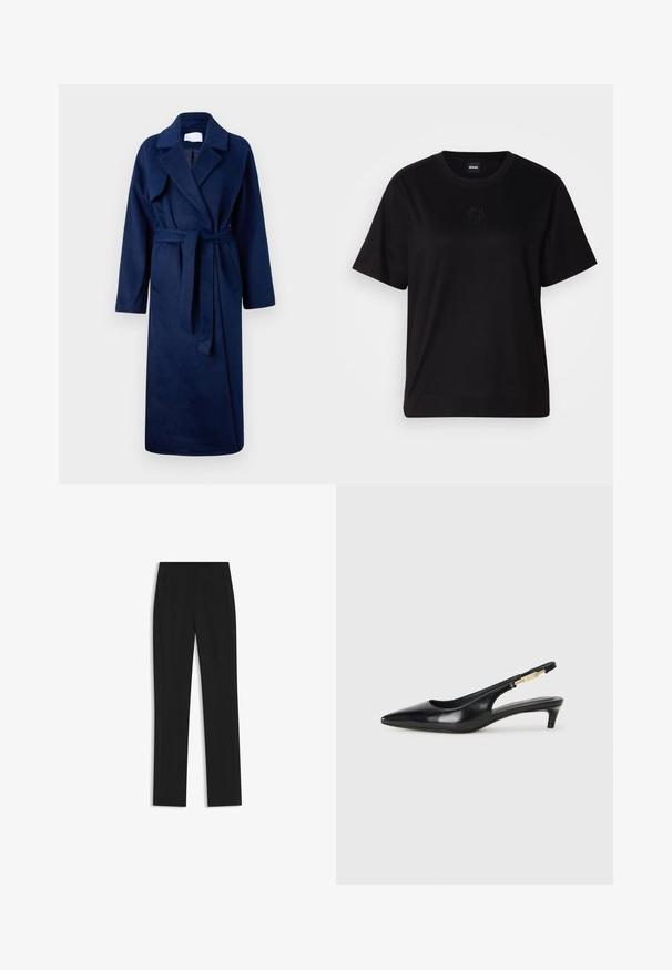 Tummansininen, pitkähihainen viitta, jossa on leveä kaulus, vyötärölle sidottava vyö, kaksi etutaskua ja pehmeä, teksturoidusta kankaasta valmistettu.; Musta puuvillapaita, jossa on pyöreä kaula-aukko, lyhyet hihat ja brodeerattu logo rinnassa. Yksinkertainen, rento istuvuus ilman kuvioita.; Mustat räätälöidyt housut suoran lahkeen designilla, joissa on etutaskut ja sileä, teksturoitu kangas. Siistit, minimalistiset yksityiskohdat.; Mustat nahkaiset slingback-korkokengät, joissa on terävä kärki, ohuet korot ja kultasävytteinen yksityiskohta säädettävässä hihnassa. Silkkinen pinta.