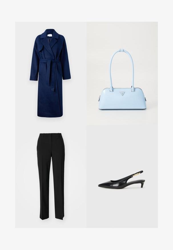 Tengerészkék, hosszú ujjú köpeny széles gallérral, övvel a derékon, két elülső zsebbel és puha, texturált anyagból.; Fekete pamut póló kerek nyakkivágással, rövid ujjakkal és hímzett logóval a mellkasán. Egyszerű, laza szabás, minta nélkül.; Fekete, testhezálló nadrág egyenes szárú kivitelben, sima textúrával és éles redőkkel az elején. Nincs látható fémalkatrész.; Fekete bőr slingback magassarkúk, hegyes orral, vékony sarkakkal és arany színű részlettel a állítható pánton. Simа felület.; Világoskék kézitáska, amelynek strukturált formája van, sima bőrből készült, két füllel rendelkezik, és az elején egy háromszögletű márkatrófea található. Cipzáras záródás.