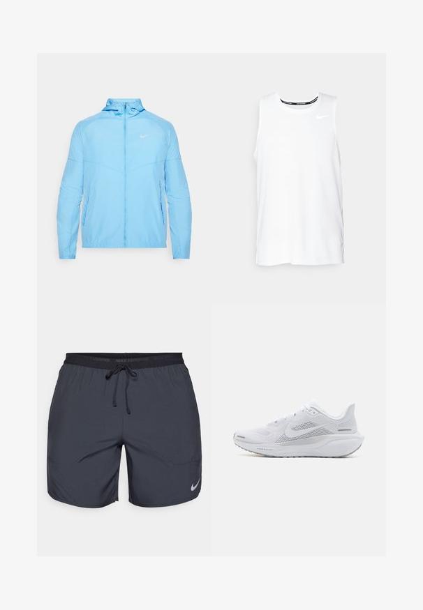 Ljusblå Nike-jacka med ståkrage, dragkedja, två sidofickor och en liten logotyp på övre vänstra bröstet. Slät textur.; Vitt ärmlöst Nike-löparlinne med rund halsringning, slät yta och svart Nike-logotyp på övre vänstra bröstet.; Nike löpshorts i mörkgrått, med en elastisk midja som har dragsko och en silverlogotyp på nederdelen av högra benet.; Vit sportskor med ovandel i mesh, släta texturerade överlager, grå accenter, snören och en vadderad sula designad för prestanda.