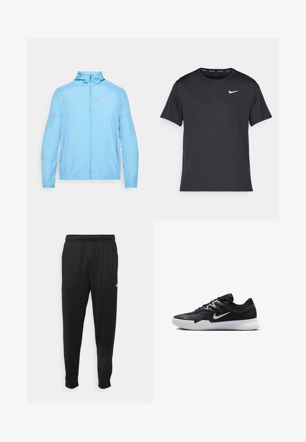 Veste Nike bleu clair avec col montant, fermeture éclair, deux poches latérales et un petit logo sur le haut de la poitrine gauche. Texture lisse.; T-shirt de course noir Nike en matériau léger et respirant, avec des manches courtes et un petit logo blanc sur la poitrine.; Pantalon de sport noir en tissu lisse, avec une taille élastique, des jambes fuselées et un petit logo blanc sur le côté gauche.; Chaussure de sport noire avec une tige texturée, un swoosh blanc de Nike et une semelle extérieure en caoutchouc blanc. Elle présente un design à lacets et une forme dynamique.