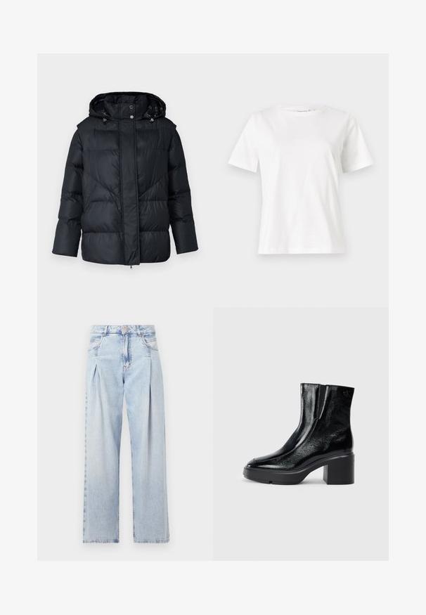 Svart puffjacka med huva, prydd med en quiltad design och silverfärgade detaljer. Tillverkad av ett glänsande, slätt och isolerat material.; Vit bomullströja med korta ärmar, rund halsringning och en avslappnad passform. Slät textur, inga mönster eller detaljer, minimalistisk design.; Ljust blå denimjeans med hög midja, vida ben, två sidofickor och veckad design. Mjuk textur med en blekt finish.; Svarta lacklädersankelstövlar med rundad tå, elastiska sidopaneler och en chunky klack. Har en präglad logotyp på baksidan.