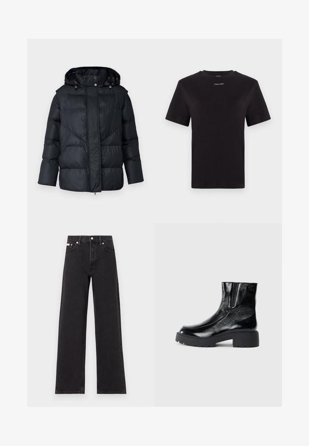 Juodas pūkinis džemperis su kapišonu, turintis siuvinėtą dizainą ir sidabrinius apdailos elementus. Pagamintas iš blizgaus, lygaus, šiltinamojo medžiagos.; Juodas medvilninis marškinėliai trumpomis rankovėmis, apykaklė, su mažu baltu "Calvin Klein" logotipu krūtinėje. Lygus paviršius, klasikinis siluetas.; Juodos plačios kojų džinsai, pagaminti iš džinsinio audinio, su aukštu liemeniu, penkių kišenių stiliumi ir metaline sagte su kontrastingo siuvimo detalėmis.; Juodi kulkšniniai batai su blizgia lakuota oda, storu juodu guminio pado ir pakeltu kulnu; šone yra subtilus logotipo detalė.