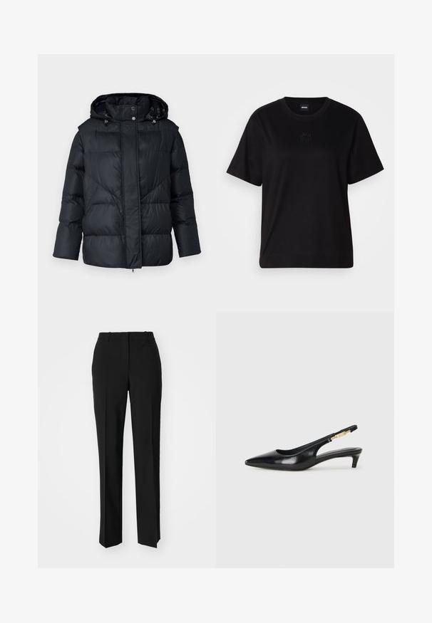 Black puffer jacket with a hood, featuring a quilted design and silver hardware accents. Constructed from shiny, smooth, insulated material.; Black cotton t-shirt with a crew neckline, short sleeves, and an embroidered logo on the chest. Simple, relaxed fit with no patterns.; Black tailored trousers with a straight-leg design, featuring a smooth texture and crisp creases along the front. No visible hardware.; Black leather slingback heels with a pointed toe, featuring a slim heel and a gold-tone accent on the adjustable strap. Smooth texture.