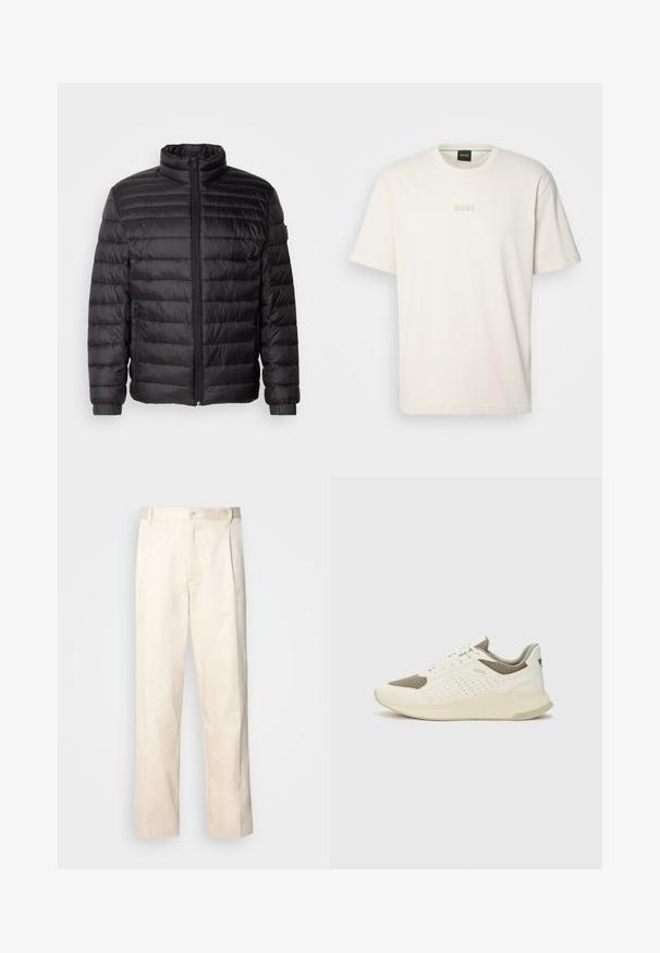 Geacă neagră din puf cu cusături orizontale, guler înalt și închidere cu fermoar. Dispune de manșete elastice și buzunare laterale pentru funcționalitate suplimentară.; BOSS TEE - Tricou basic - open white; Pantaloni din bumbac bej, cu croială dreaptă, dotati cu închidere cu nasture și pliuri în față pentru un plus de detaliu.; Tenis sportivi alb și bej deschis, cu un înveliș din plasă, detalii perforate și o talpă intermediară texturată, având marcaj pe călcâi.