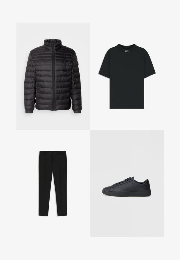 Svart dunjacka med horisontell sömnad, hög krage och dragkedjestängning. Har elastiska ärmslut och sidofickor för ökad funktionalitet.; Svart kortärmad T-shirt med rund halsringning och liten vit "BOSS"-logotyp på insidan av kragen.; Svarta byxor med dragsko i midjan, veckad framdel, avsmalnande ben och slät tygtextur. Inga ytterligare mönster eller detaljer.; Svarta sneakers i slätt läder med låg design, rund tå och platt gummisula. Har snörning och subtil branding.