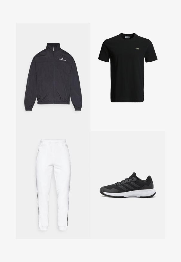 Sort letvægtsjakke med høj krave, frontlynlås, elastiske manchetter og kant. Har et hvidt logo på brystet. Glat tekstur.; Sort bomulds T-shirt med rund halsudskæring, korte ærmer og et lille grønt krokodille-logo på venstre bryst. Glat tekstur, afslappet design.; Hvide sweatsbukser med elastisk talje, udstyret med sorte sidestriber og manchetter. Lavet af blødt stof med en glat tekstur.; Sort atletisk sko med en struktureret overdel, tre vandrette striber og en hvid sål med et mønstret slidbane. Letvægts- og strømlinet design.