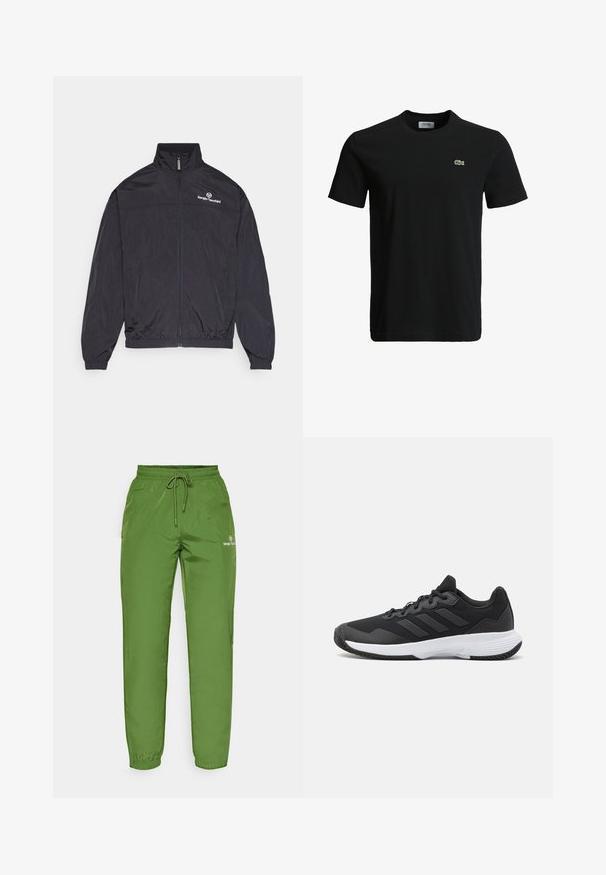 Fekete, könnyű dzseki magas gallérral, elöl cipzárral, elasztikus mandzsettákkal és szegéllyel. A mellkason fehér logó található. Simább textúrával rendelkezik.; Fekete pamut póló kerek nyakkivágással, rövid ujjakkal és egy kis zöld krokodil logóval a bal mellen. Sima textúra, laza dizájn.; Zöld, könnyű jogging nadrág, elasztikus derékrésszel, húzózsinórral és logóval a bal oldalon. Simább, fényes textúra.; Fekete sportcipő, amely texturált felsőrésszel, három vízszintes csíkkal és mintázott talppal ellátott fehér talppal rendelkezik. Könnyű és áramvonalas dizájn.