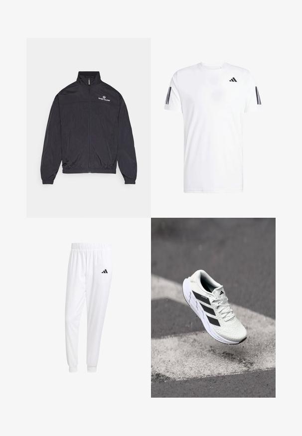 Svart lett jakke med høy krage, frontlås, elastiske mansjetter og nederkant. Har en hvit logo på brystet. Glatt tekstur.; Hvit t-skjorte laget av stoff med korte ermer, rund hals og tre svarte diagonale striper på hver erme. Subtil logo på brystet.; Hvite treningsbukser laget av glatt stoff, med elastisk midje og tettsittende mansjetter, med en svart logo på baklommen.; Hvit sportsko med teksturert mesh-overdel, svarte striper, snøring og en polstret såle, svevende over en markert veidoverflate.