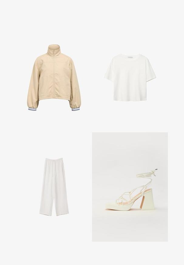 Krótkia beżowa kurtka z kołnierzem stójkowym, zapinana na zamek z przodu, z dwoma bocznymi kieszeniami i elastycznymi mankietami w granatowo-białe paski.; Biała koszulka z krótkim rękawem, wykonana z bawełny. Posiada okrągły dekolt i luźny krój. Gładka faktura bez widocznych wzorów czy akcentów.; Białe spodnie o szerokich nogawkach wykonane z lekkiego materiału. Posiadają elastyczny pas z sznurkiem i boczne kieszenie. Gładka tekstura.; Biała sandał na wysokim obcasie z masywnym słupkiem, z paskowym wzorem i wiązaniem przy kostce. Gładka faktura z platformą z przodu dla dodatkowej wysokości.