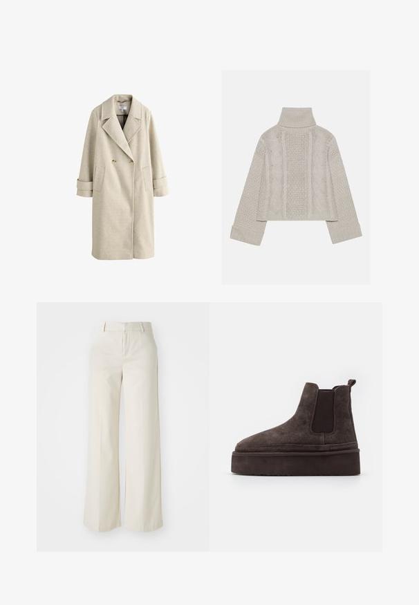 Béžový dvouřadý dlouhý kabát s širokými klopami, dvěma knoflíky, náprsními kapsami a pásky na manžetách visícími na bílém pozadí.; Zkrácený svetřík v světle šedé barvě z pleteniny s vysokým límcem a žebrovanými manžetami, se strukturovanými kabelovými vzory na zádech a bocích.; Kalhoty s širokými nohavicemi v jasně béžové barvě, vyrobené z hladkého materiálu. Mají klasický pas a plochý přední díl s čistými liniemi.; Hnědé semišové Chelsea boty s elastickými bočními panely a silnou, texturovanou platformovou podrážkou. Obsahují poutko na patě pro snadné obouvání.