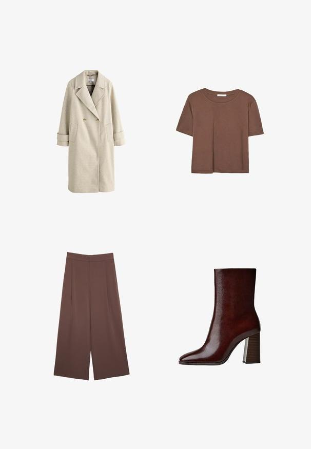 Bež dolg plašč s širokimi reverji, dvojnim zapenjanjem, dvema gumboma, obližnimi žepi in trakovi na manšetah, ki visi ob belem ozadju.; Rjava kratka majica s kratkimi rokavi iz mehkega materiala, s krožnim izrezom in ohlapnim krojem. Brez vidnih vzorcev ali dodatkov.; Rjave široke hlače z gladko teksturo, ki imajo visok pas in sprednje naborke. Tkanina je lahka in prosto pada.; Rjavi usnjeni gležnjarji s koničastim nosom, gladko teksturo in visokim blokastim peto, ki ima vertikalne utore.