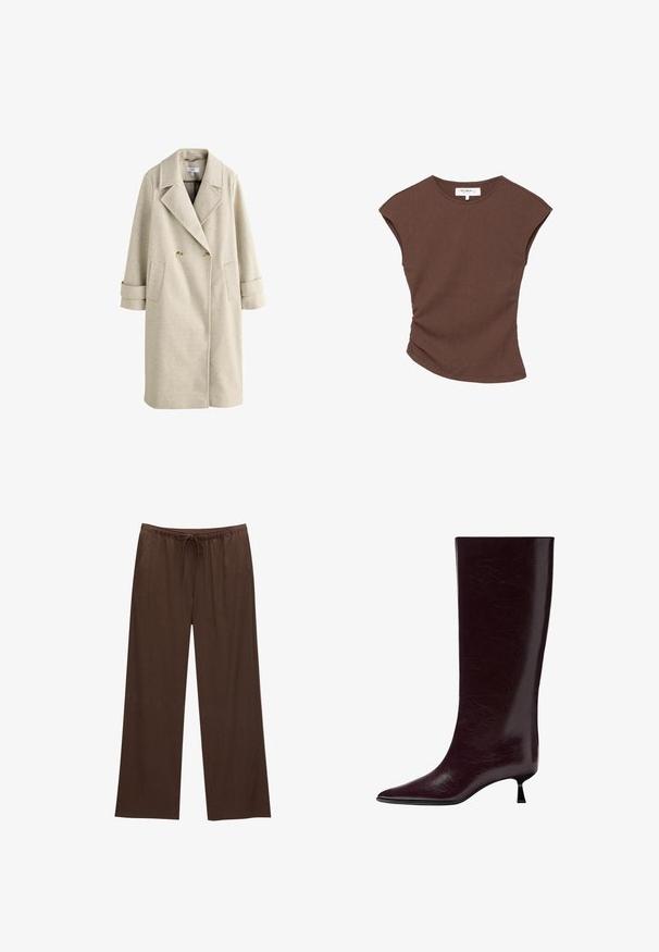 Beige double-breasted long coat with wide lapels, two buttons, patch pockets, and cuff straps hanging against white background.; Brown ribbed short-sleeve top with a slightly curved hemline. Soft texture and relaxed fit, featuring a round neckline and minimal seams.; Brown wide-leg pants made from soft fabric, featuring an elastic waistband with a drawstring and two side pockets.; Knee-high burgundy leather boot with a sleek, textured finish, pointed toe, and a thin, stacked heel for added elevation.
