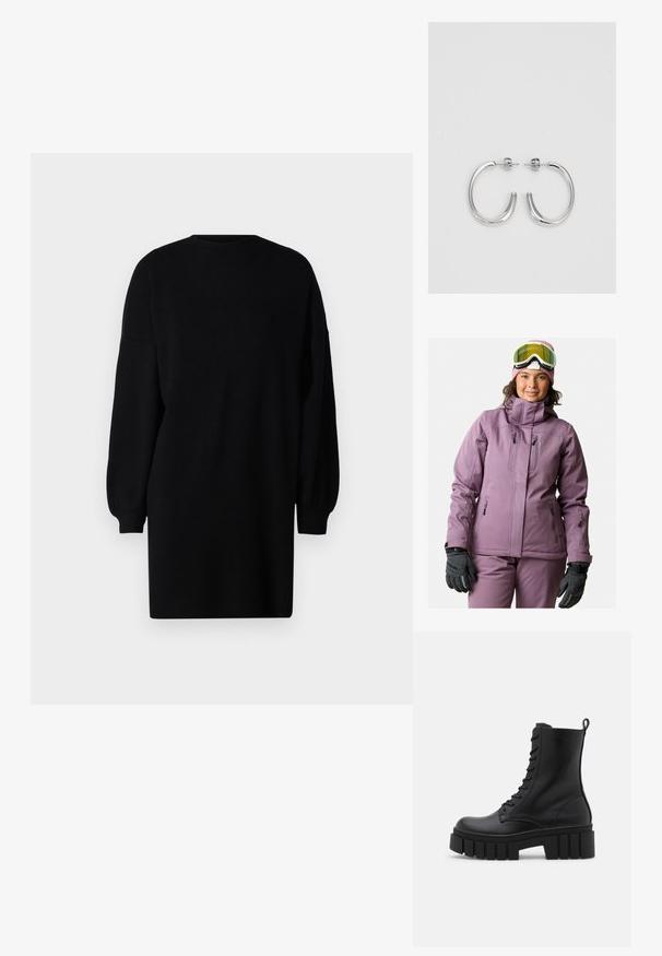 Giacca da sci viola con colletto alto, numerose tasche con zip e finitura opaca. Indossata con un berretto rosa e guanti neri.; Abito nero a maglia con scollo rotondo, maniche lunghe a sbuffo e vestibilità ampia. Tessuto liscio senza motivi visibili o dettagli hardware.; Stivale alla caviglia in pelle nera con suola spessa e scanalata, lacci anteriori e linguetta per il sollevamento su sfondo bianco liscio.; Orecchini a cerchio in argento con una finitura liscia e lucente. Forma arrotondata, design leggero, con chiusura a perno.