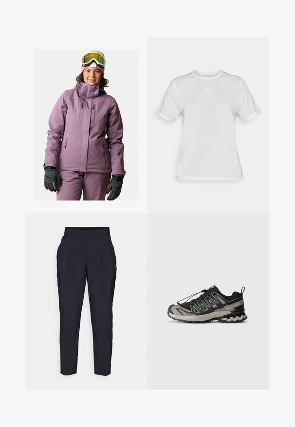Purple ski jacket with a high collar, multiple zippered pockets, and a matte finish. Worn with a pink beanie and black gloves.; White short-sleeve athletic mesh shirt with crew neck and small "Salomon" logo centered on the chest.; Black tapered pants with a wide, elastic waistband, front pleats, and side pockets. Made from a smooth, lightweight fabric.; Black and gray athletic shoe with mesh upper, rubber sole, and elastic lace system. Features a reinforced toe and textured accents.
