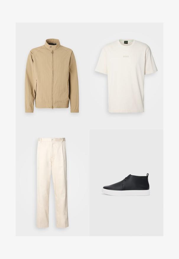 Bees värvi kerge jakk, millel on püstitatav krae, esimesed lukud ja küljetaskud. Omab elastseid mansette ja minimalismi esteetikat.; BOSS TEE - Lihtne T-särk - open white; Beesidised puuvillased püksid sirge jala lõikega, mis on varustatud nööpkinnituse ja ees olevate voltidega, et lisada detaili.; Mustmust mustatooted, millel on sile nahk, valge kummist tald ja lihtne nööridega kinnitamine. Tagaküljel on tõmbeosadega.