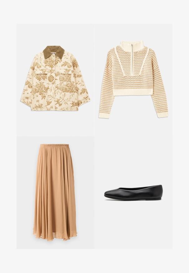 Floral-patterned beige jacket with corduroy collar, featuring four front pockets and a relaxed fit. Textured fabric with botanical designs.; Light beige cropped sweater with a zippered mock neck, featuring a textured pattern and ribbed cuffs and hem. Combines knit and woven materials.; Maxi skirt in light beige, made of flowy fabric. Features a gathered elastic waistband and soft pleats for movement.; Paul Smith TOPANGA - Ballet pumps - black