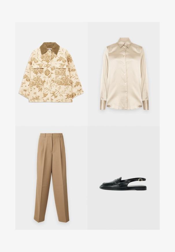 Beige Jacke mit Blumenmuster und Cordkragen, ausgestattet mit vier vorderen Taschen und einer lockeren Passform. Strukturierter Stoff mit botanischen Designs.; Beige Satinhemd mit spitzem Kragen, langen Ärmeln, Knopfverschluss und Manschetten in einem etwas glänzenderen Finish. Keine Muster oder Akzente.; Beige maßgeschneiderte Hose mit hoher Taille, gefaltetem Vorderteil und weitem Bein. Der Stoff wirkt glatt mit einem leichten Glanz.; Schwarze Leder Slingback-Schuhe mit runder Spitze, flacher Sohle, seitlichem Ausschnitt und einem Riemen mit goldfarbener Hardware-Applikation.